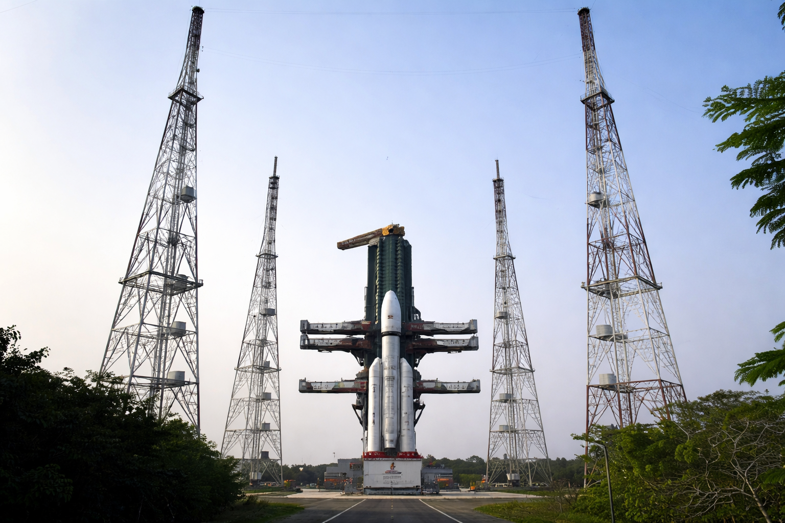ISRO’s LVM3 (Gaganyaan rocket) standing on the launch pad at Sriharikota ahead of BlueBird Block-2 satellite mission