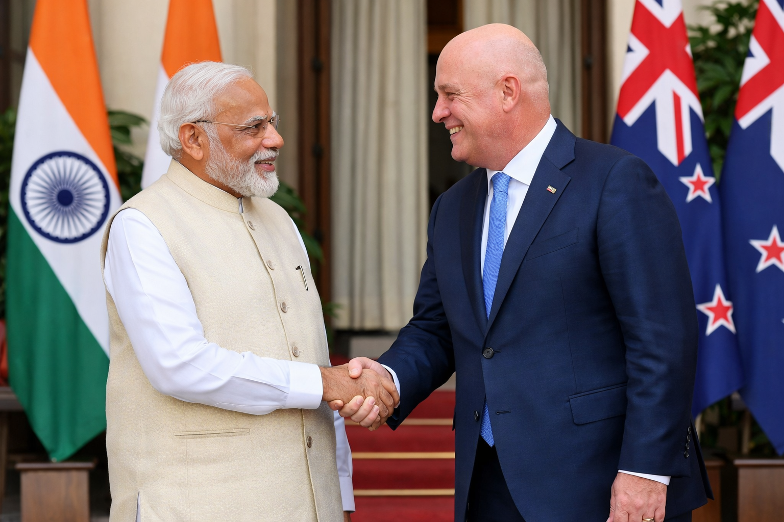 Indian Prime Minister Narendra Modi shakes hands with New Zealand Prime Minister Christopher Luxon during bilateral talks in New Delhi on March 17, 2025.