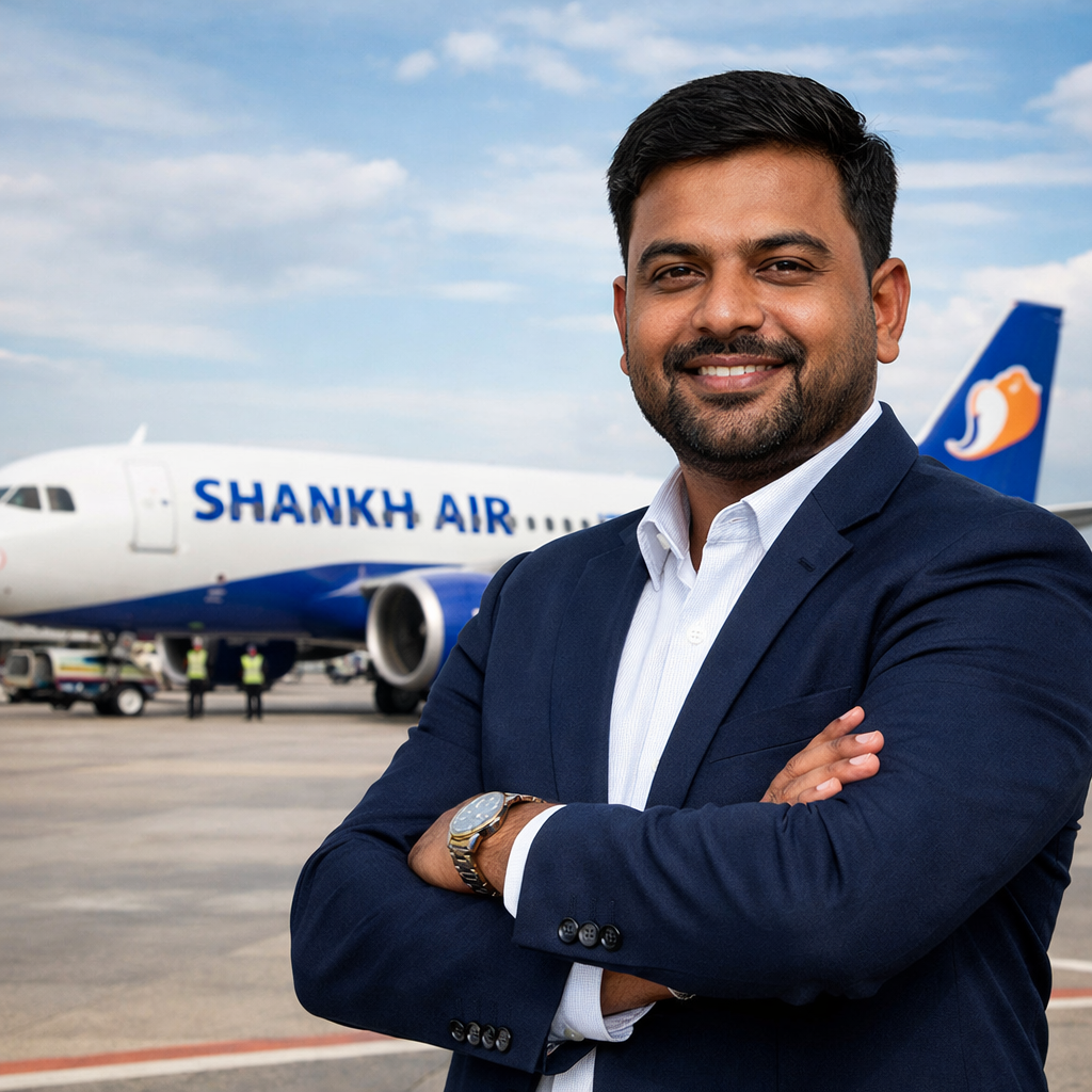 Shravan Kumar Vishwakarma, founder of Shankh Air, posing at an airport with Shankh Air aircraft to promote affordable air travel in India