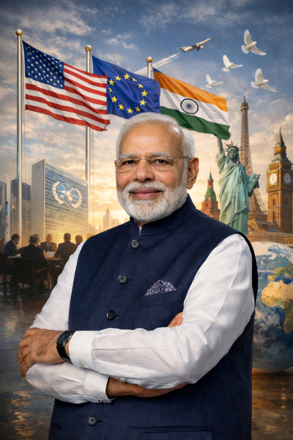 Narendra Modi as a global leader representing India at the international level with national flags and world landmarks in the background